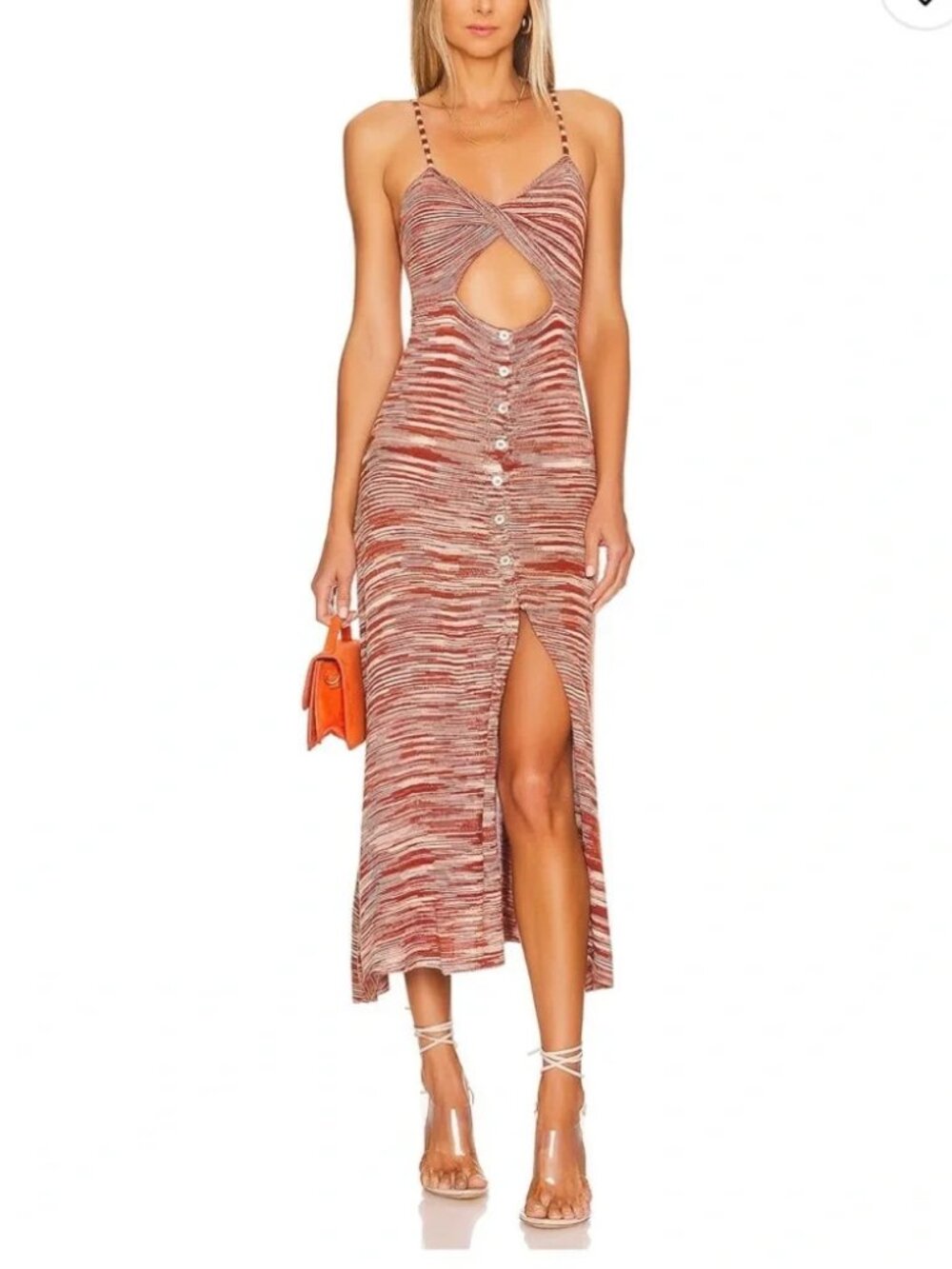 For Love & Lemons Isabela Midi Dress L NWT Brown Space Dye Knit Cut Out Twist